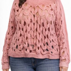 Pink Open Knit Sweater Size XXL Chunky Crochet Boho Lightweight Pullover